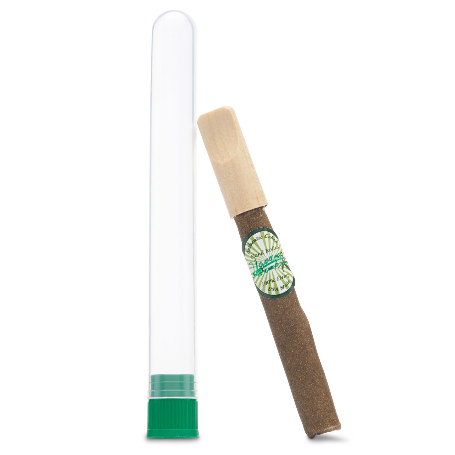 Hemp Cigarella Cigar with wooden tip  and hemp wrap rolled in Little Havana Miami by seasoned cigar rollers packaged in a clear reusable waterproof and smell proof tube.  No tobacco!